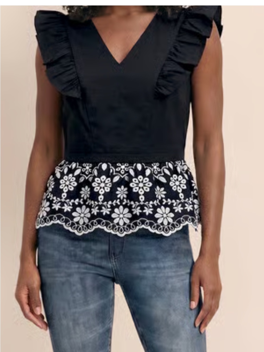 Nanette Lepore Black Camisole with White Embroidered Peplum